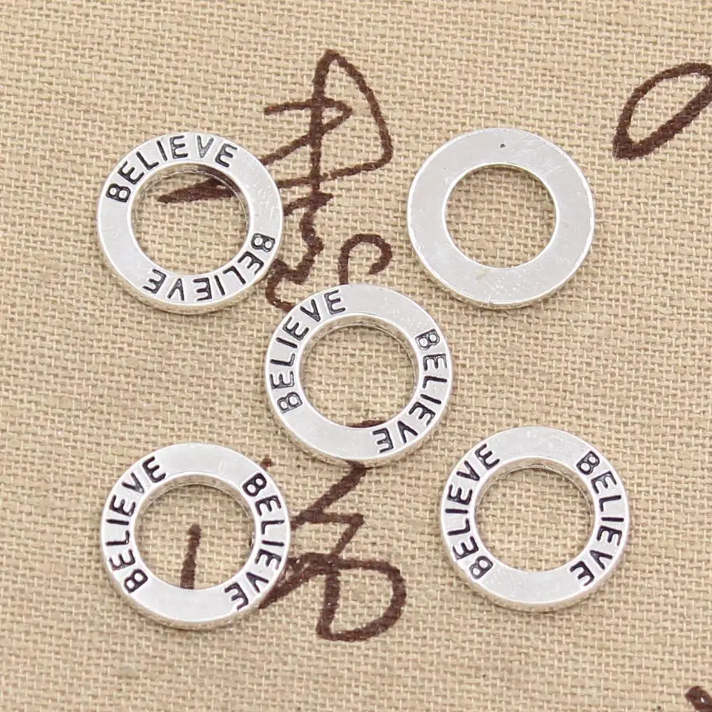 30pcs Charms Circle Plates Believe 14x14mm Antique Bronze Silver Color Plated Pendants Making DIY Handmade Tibetan Jewelry