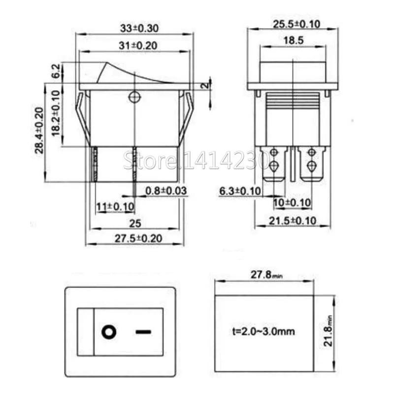 Interrupteur à bascule, 25x31mm, KCD4-201, 4 broches, 6 broches, 2 / 3 positions, 16A, 250V, 20A, 125VAC, vert, rouge, noir, bouton avec lumière