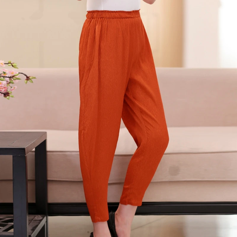 

Wholesale Women Real Silk Pants High Waist Loose Casual Ankle-length Pants Women Slacks Comfortable Female Plus OL Pants E608T