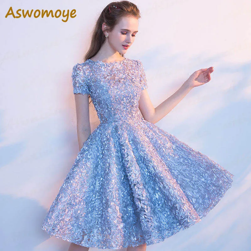 Aswomoye Short Evening Dress 2020 Elegant Banquet Red Carpet Prom Dresses Soft Material Party Dress O-Neck robe de soiree