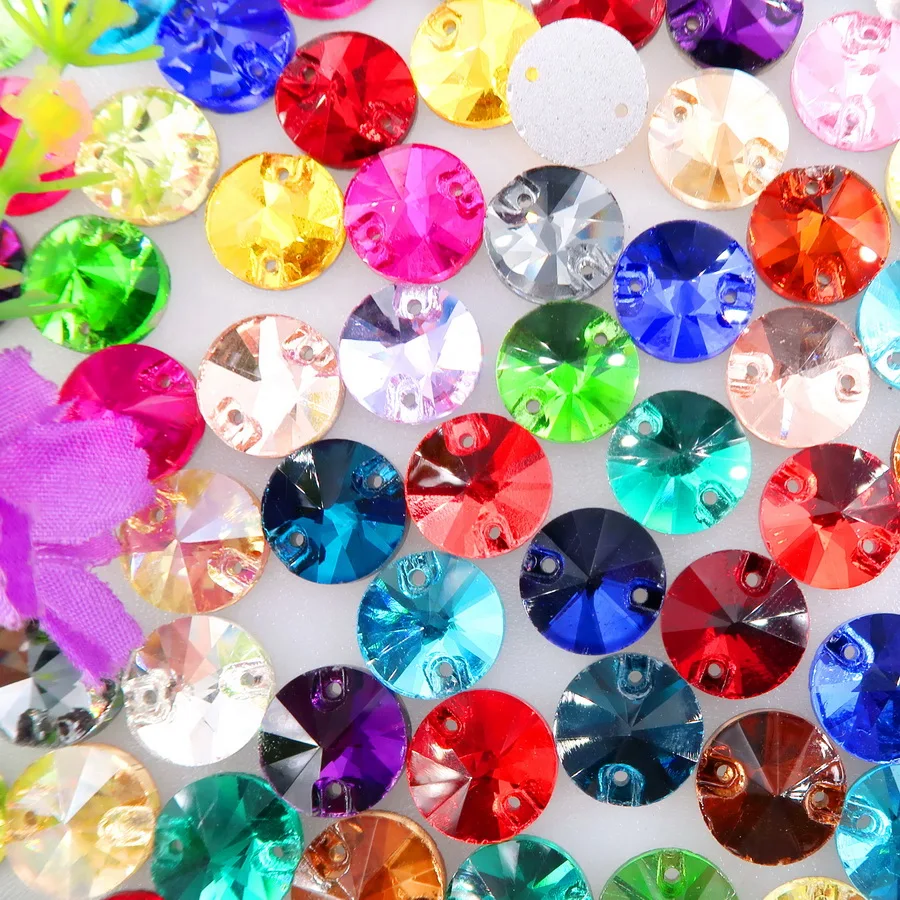 Rivoli runde Glas-Kristall-Flachsteine mit 2 Löchern, 6 Größen, zum Aufnähen, Strass-Perlen, Kristalle für Hochzeitskleider, Schuhe, Taschen, DIY – Detail 2
