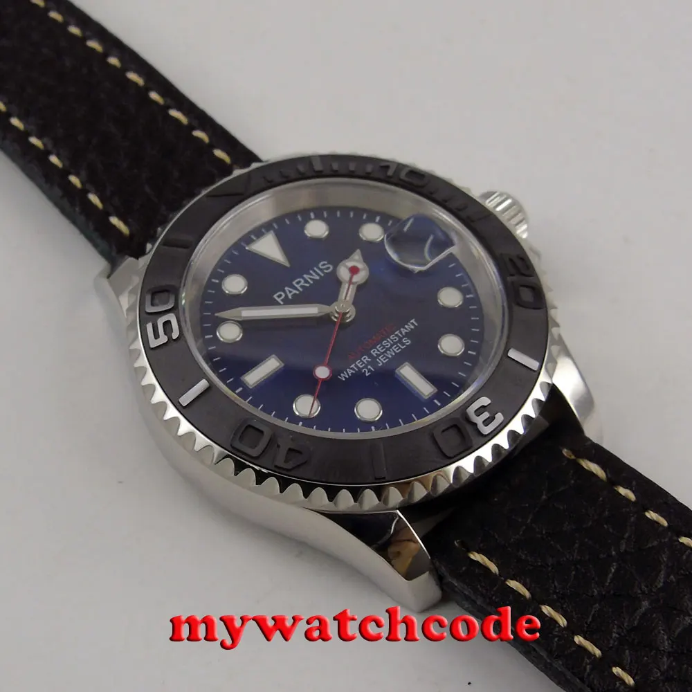 41mm Parnis blau zifferblatt saphirglas Keramik lünette miyota automatische herren uhr