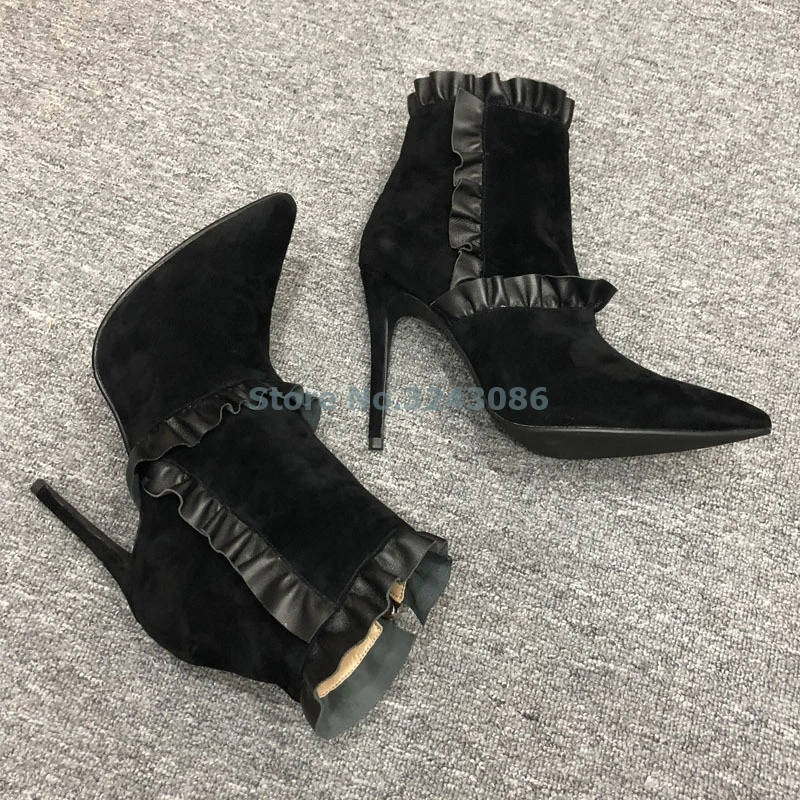 Black Faux Suede Ruffles Thin High Heel Boots Pointed Toe Leather Anklle Boots Flounce Back Zipper Elegant Women Spring Shoes