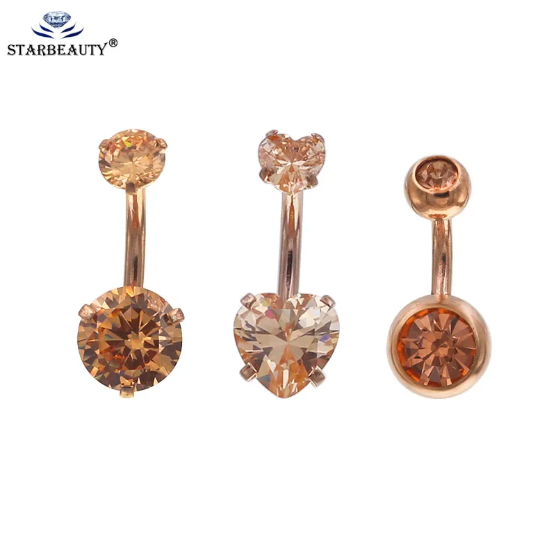 Starbeauty 1Pc Rose gold Color Internally Threaded Belly Button Rings Double Crystal Zircon Navel Ring Piercing Body Jewelry