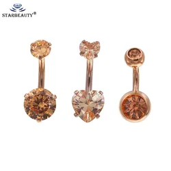 Starbeauty 1Pc Rose gold Color Internally Threaded Belly Button Rings Double Crystal Zircon Navel Ring Piercing Body Jewelry