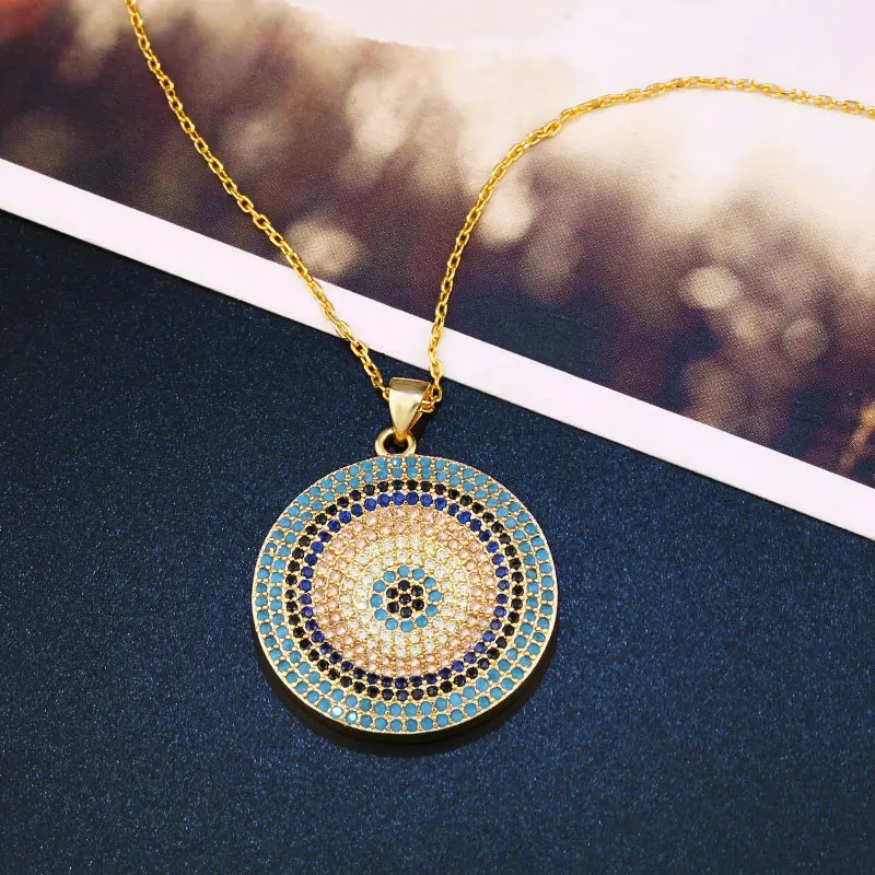 OCESRIO Turkish Round Evil Eye Pendant Necklace Woman Micro Pave CZ Zircon Gold Long Chain Necklace Silver Color nke-n89