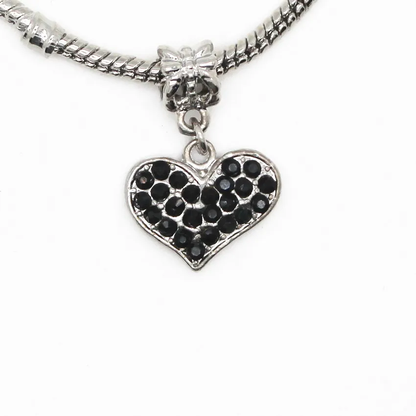 Free Shipping Antique Silver Color Black Rhinestone Heart Bead Pendant Charms Fits European Pandora Charm Bracelets & Necklaces