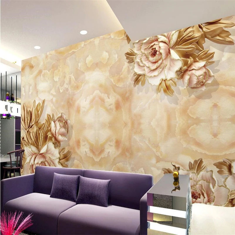 beibehang papel de parede,European Marble Peony Relief Background Wall TV Sofa Background Wallpaper 3d Fresco Sticker Bedroom