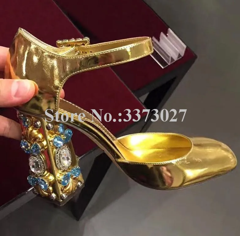 New Gold Color Rhinestone Chunky Heels Lady Sandals Jeweled High Heels Pumps Women Crystal Buckle Wedding Shoes Mujer Party Shoe