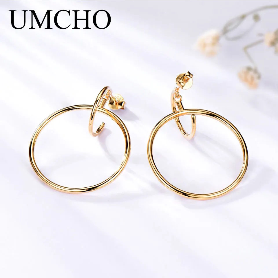 

UMCHO Real Pure 925 Sterling SilverHoop Earrings For Women Silver Earrings Circle Yellow Round Silver 925 Jewelry Party Gift