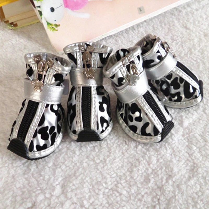 4pcs/set Gold Leopard Leather Pet Dog Shoes PU anti-slip Boot for small dogs Teddy dog cat Waterproof shoes Puppy Booties ZL353