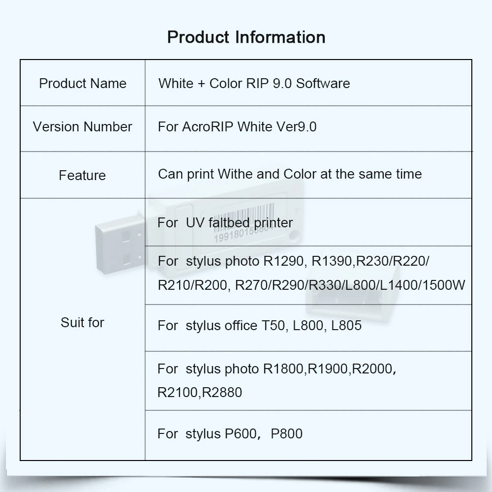 New RIP Software for R1390 L805 T50 RIP White ver9.0 software with Lock key dongle for Epson UV printer For DTF Printer