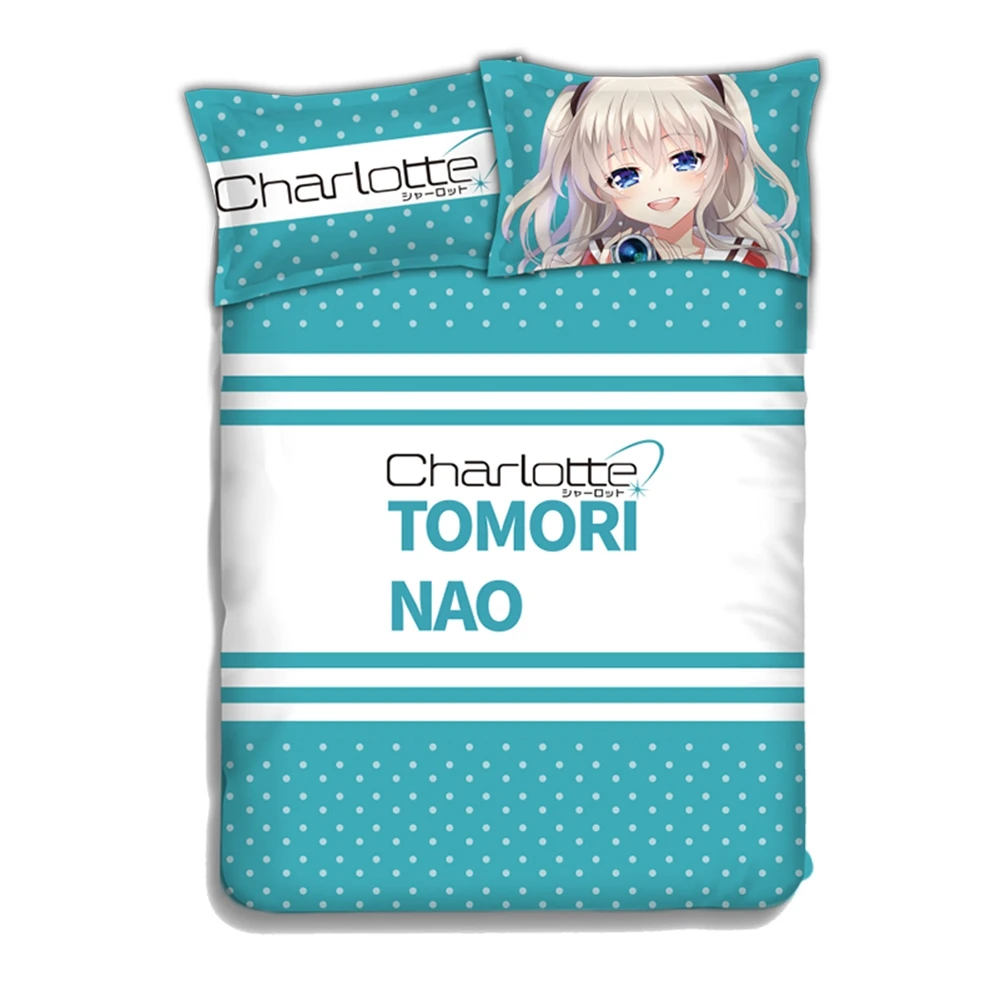 อะนิเมะ JK Charlotte Tomori Nao สาวการ์ตูน4PCS ชุดเครื่องนอนแผ่นผ้านวมผ้านวมหมอนเตียงในกระเป๋า