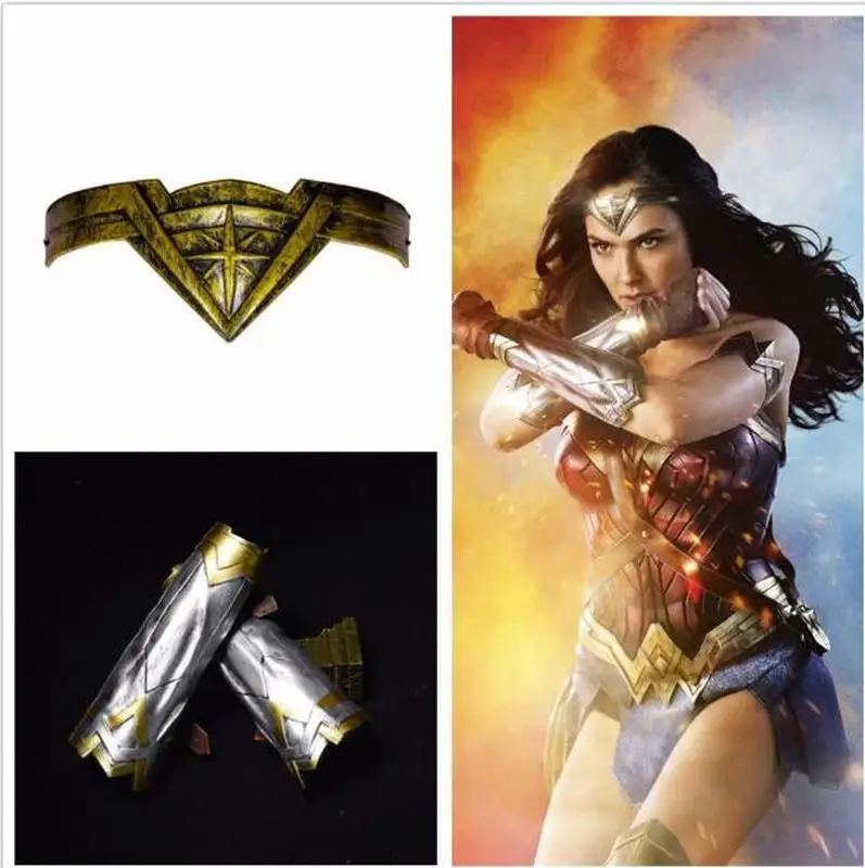 Halloween Superhero Bracers Woman Diana Prince Cosplay Armband Gauntlet and Tiara Headband Crown Wrist
