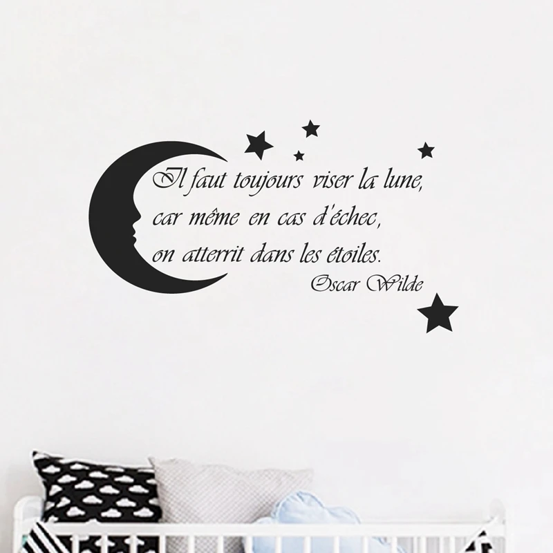 French Nursery Wall Art Decals Moon Stars Quote Decor , Oscar Wilde Saying Vinyl Wall Sticker France Home Kids Room Decoration