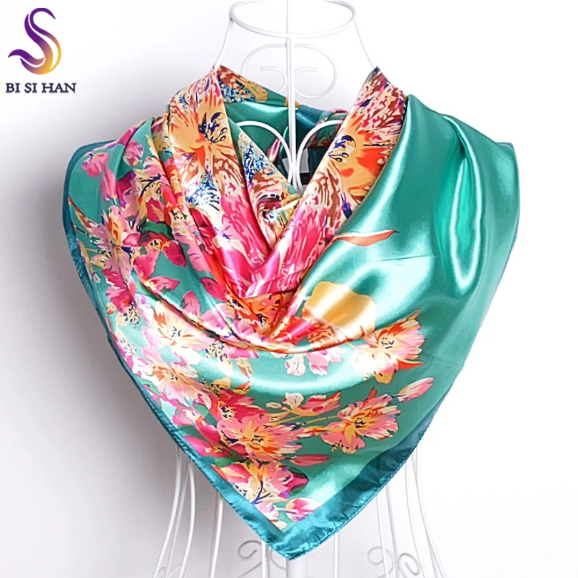 Ladies Green Silk Scarf Printed 2016 New Design Elegant Women Accessories Bright Silky Satin Large Square Scarves Wraps 90*90cm