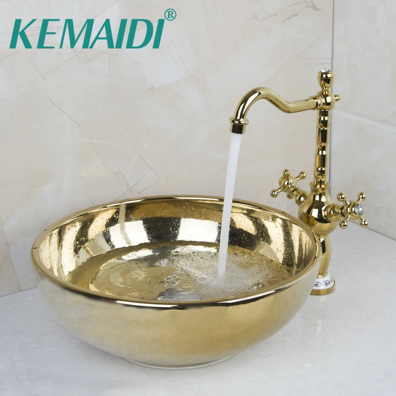 KEMAIDI Paint Bowl Sinks / Vessel Basins With Washbasin Ceramic Basin Sink & Polished Golden Faucet Tap Set W/ Pop Up Drain