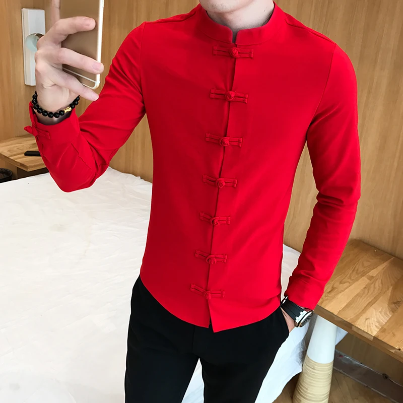 2024 Spring New Men Shirt Chinese Style Clothing Slim Fit Long Sleeves Shirt Camisa Social Office Wear Mandarin Collar Shirt