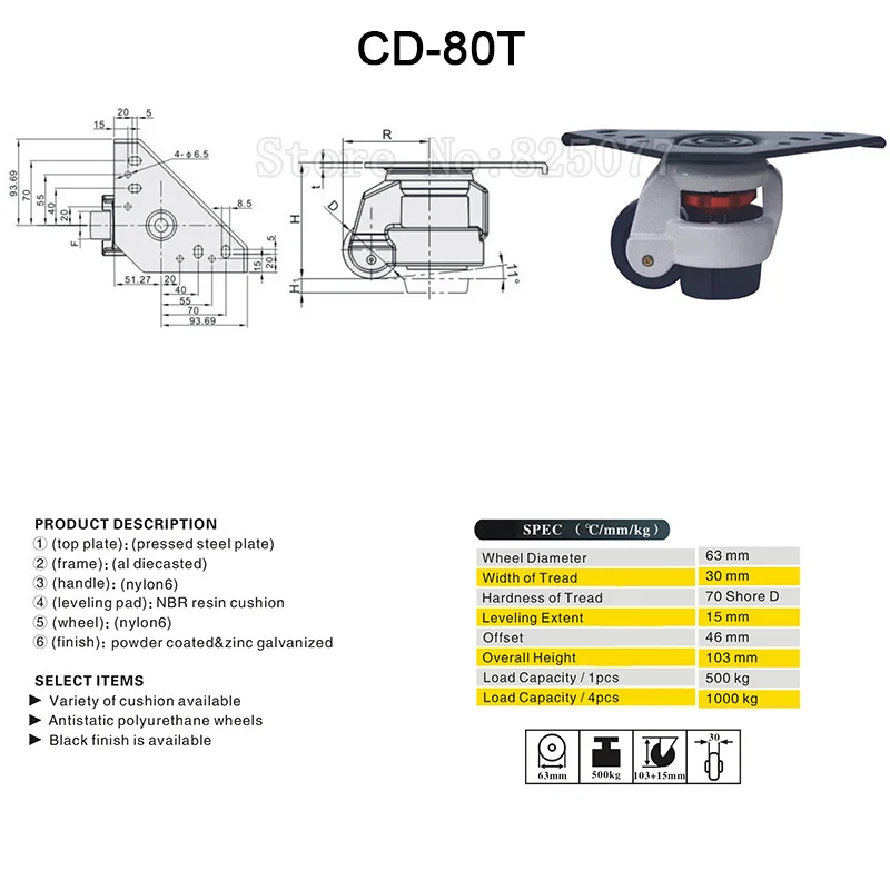 4PCS CD-80T Level Adjustment Nylon Wheel and Triangular Plate Leveling Caster Industrial Casters Load Bearing 500kg/pcs JF1527