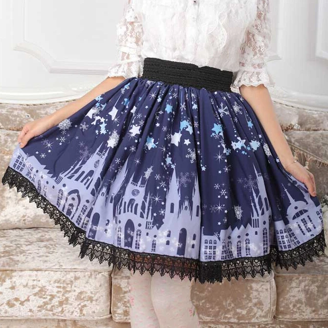 XS-4XL Plus size Cute Starry Sky Skirts Castle Lolita Dark Blue Pleated  Knee Length High Quality Cosplay Korea Style Bottoms