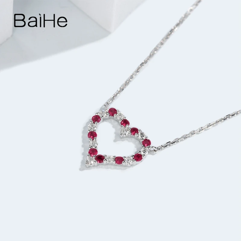 BAIHE Solid 18K White Gold Natural Ruby Heart Necklace Women Lady Birthday Gift Fine Jewelry Making Серце намисто Collier coeur