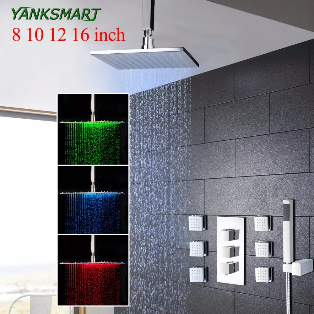 YANKSMART Bathroom 8 10 12 16 inch LED Chrome Shower Faucet Set Thermostatic Valve Mixer Tap W/ 6 Message Jets Shower Set