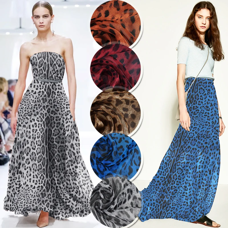 Leopard Printed Chiffon Fabrics for Sewing Pure Silk 100% Mulberry DIY Tulle Quilting For Patchwork Scarf Gown Skirt per Meter