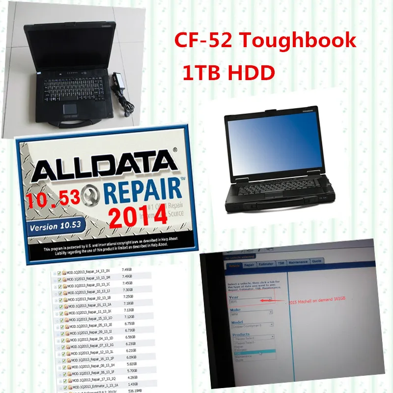 CF52 4G Toughbook Laptop Latest Alldata Software 10.53 Auto Repair Data M-itchell Ondemand 2015 1TB HDD for Car Diagnostic