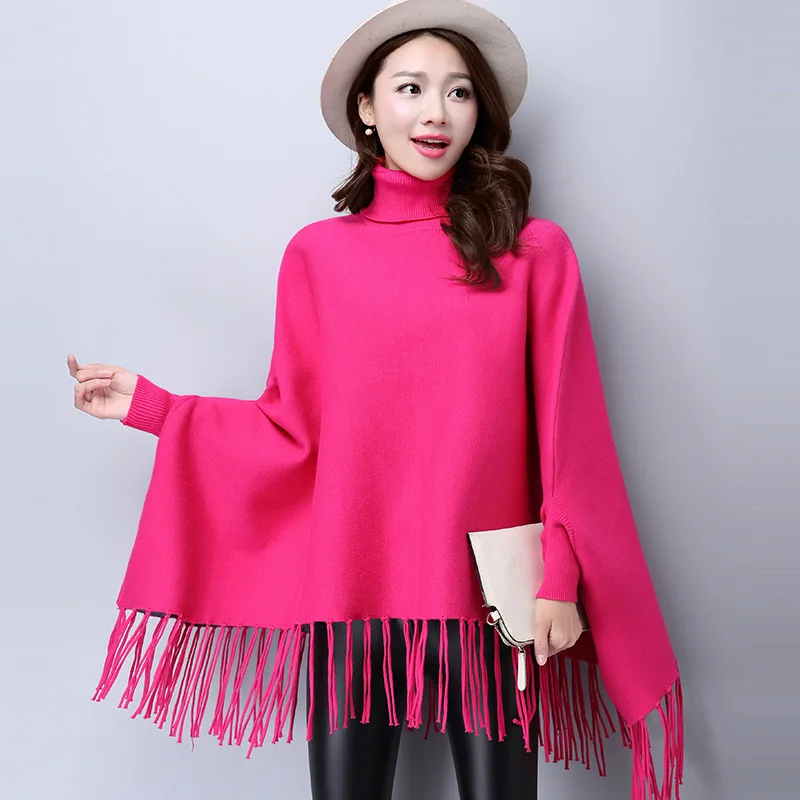 7 Colors Tassel Poncho Overcoat Autumn Knitted Long Bat Sleeves Korean Version Loose Sweater Women High Neck Pullovers Knitwear