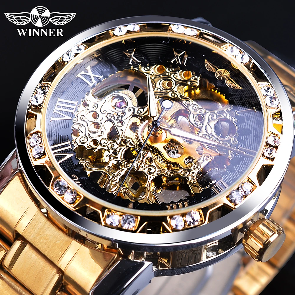 

Winner Golden Watches Classic Rhinestone Clock Roman Analog Male Skeleton Clocks Mechanical Stainless Steel Band Luminous Watch