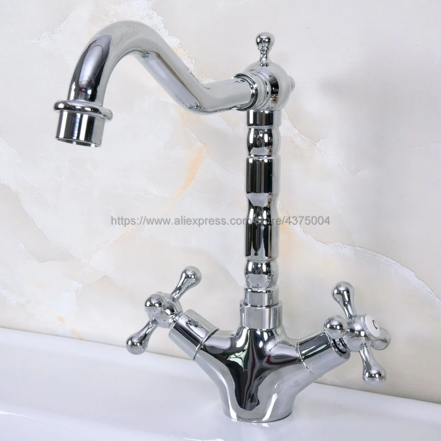 

Basin Faucets Chrome Double Cross Handle Bathroom Sink Faucet Swivel Spout Bathbasin Vanity Mixer Taps Nnf919