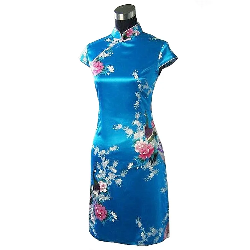 Stylish Light Blue Female Silk Rayou Cheongsam Hot Sale Ladies Summer Mini Qipao Dress Size S M L XL XXL Mujeres Vestido D0026