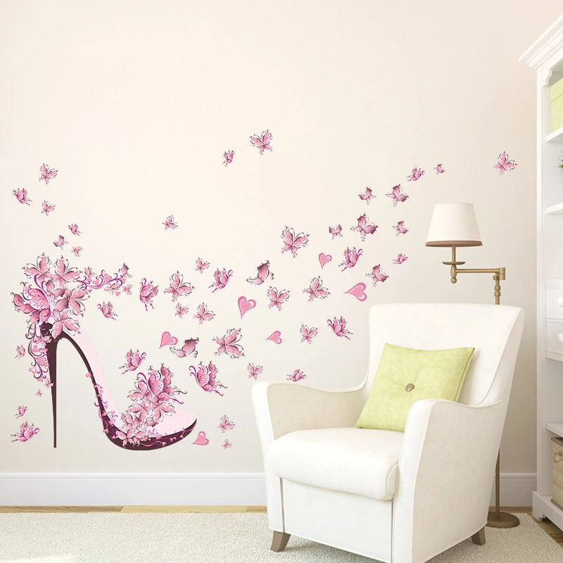 

creative high-heeled shoes flying butterflies flowers wall art decals for living room diy pvc removeable decor stickers