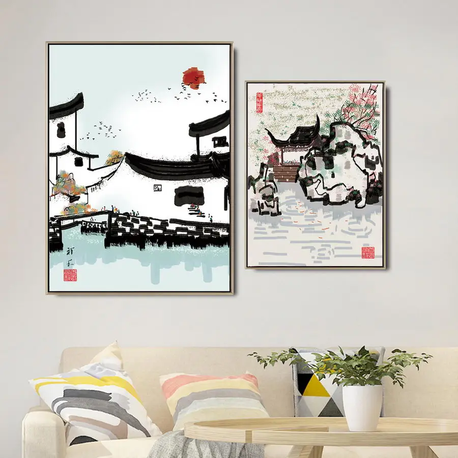 Cuadros Decoracion Dormitorio  Wall Art Canvas  Living Room Picture  Paintings Chinese Style Decoration Home Water Village