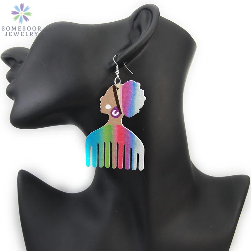 SOMESOOR Rainbow Color African Headwrap Comb Wood Drop Earrings Afrocentric Natural Hair Ethnic Bohemian Jewelry For Women Gifts