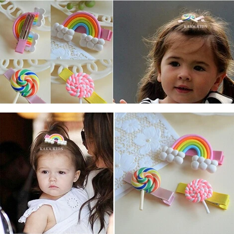 2016 New Polymer Clay Stereo Cartoon Rainbow Lollipop Baby Girl Hair Clip Hairpin Toddler Kid Children Hair Accessories Headwear