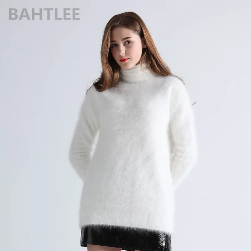 BAHTLEE-Women's Angora Jumper, Turtleneck Pullovers, Knitting Sweater, Long Sleeve, Keep Warm, White, Winter