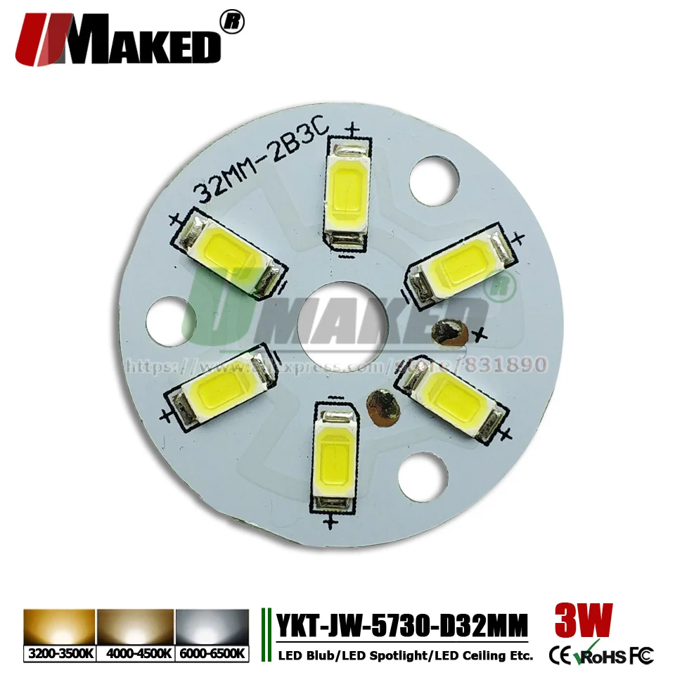 UMAKED 3W 32mm LED PCB Lamp plate SMD5730 LEDs installed Light board Aluminum plate Warm/Natural/White for Bulb Ceilig light