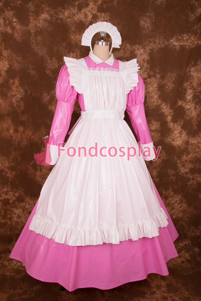 fondcosplay adult sexy cross dressing sissy maid long Lockable Pink thin PVC Dress white apron Costume Uniform CD/TV[P003]