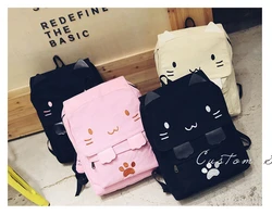 Cute Cat Canvas Backpack Cartoon Embroidery Backpacks For Teenage Girls School Bag Casual Black Printing Rucksack