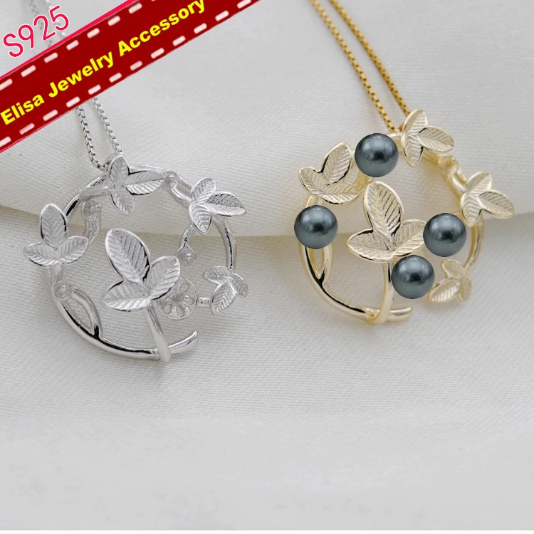 

3Pieces/Lot Circle Design With Leaf Style Pendant Holder S925 Sterling Silver Pendant Settings Silver&Gold Color