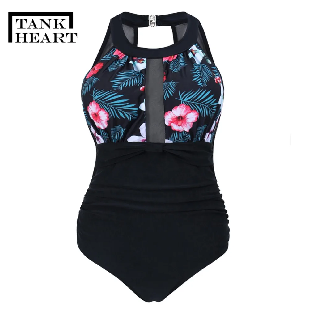 Tank Heart Sexy Potos One-Piece Suits Monokini Plus Size Swimwear Women One Piece Swimsuit female Retro Print Badpak Swim suit