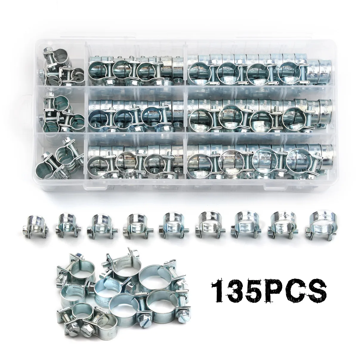 135Pcs 8-18mm Hose Clamp Double Ears Clamp  Worm Drive Fuel Water Hose Pipe Clamps Clips Hose Fuel Clamps Kit