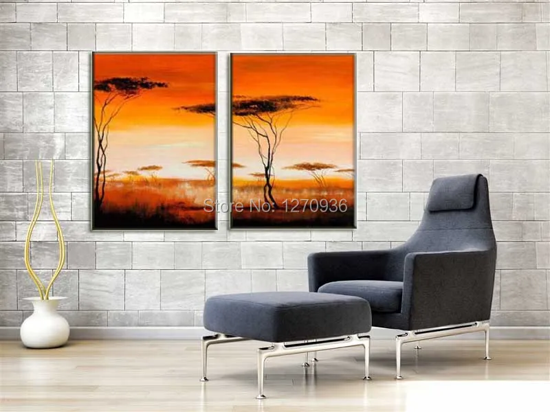 Orange-red Autumn Landscape Clear Sky Huge Tree in Grasslands Decorative Painting 100% Handmade Oil Painting On Canvas Paintings