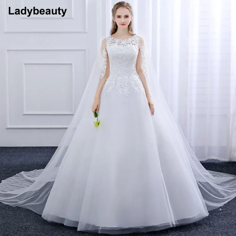 2018 New Ball Gown Vestido De Novia Tulle Wedding Dress O-Neck Lace embroidery applique long Trailing shawl white wedding dress