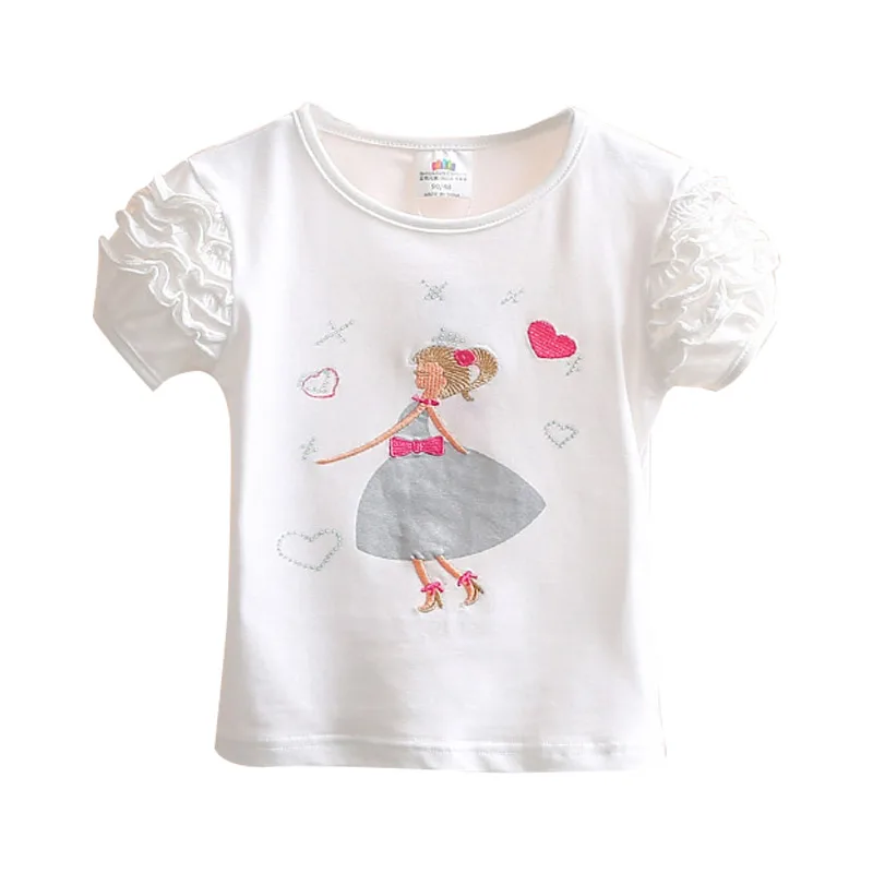 Girls Clothes 2023 Summer Cotton White Pink Solid Color Bow Heart Embroidery Princess Short Sleeve O-Neck Kids Girl T-Shirt