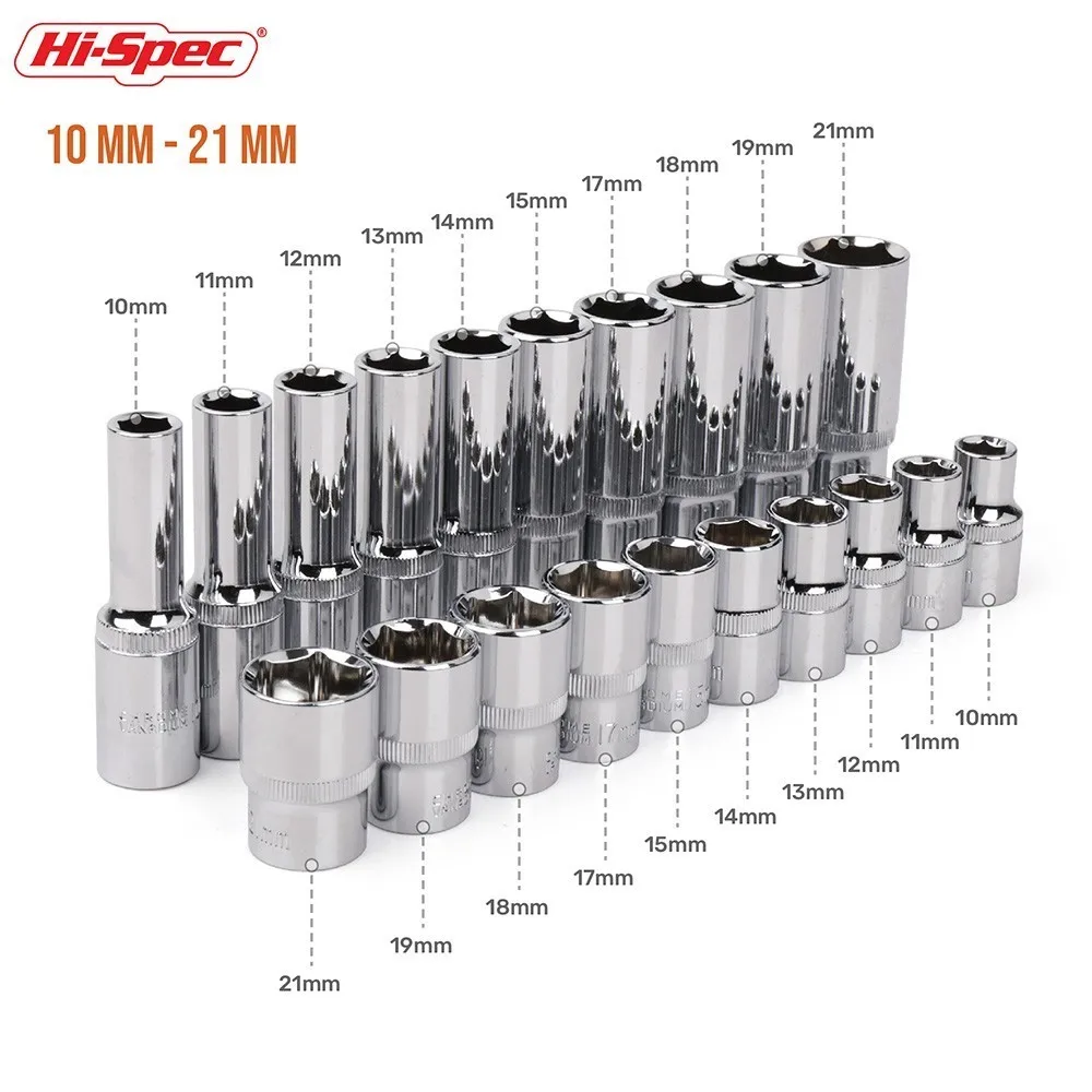 Hi-Spec 10pc 1/2 inch Short Long Socket Set CRV 10-24mm Deep Socket Adapter for Torque Ratchet Socket Wrench Spanner Repair Tool