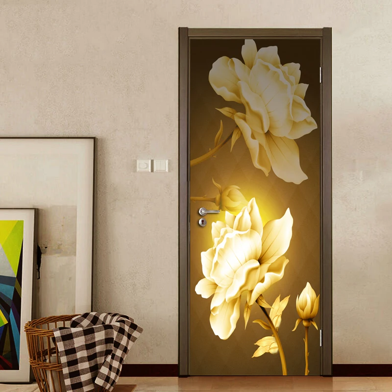 

3D Vintage Floral Door Sticker Mural Wallpaper Home Decor Bedroom Living Room Door Decoration PVC Waterproof Decal Wall Paper