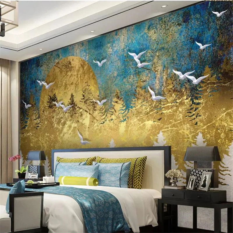 

beibehang Custom wallpaper 3d stereo photo mural new Chinese abstract artistic conception golden pine forest bird 3d wallpaper