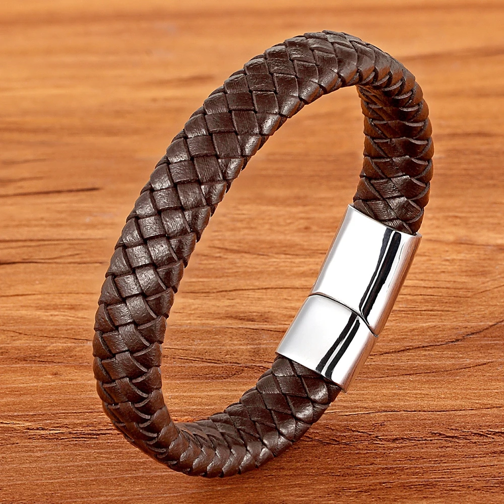 TYO Classic Top quality Stainless Steel Gold Color Magnetic Clasp Brown Woven Real Leather Bracelet Man Boys Birthday Gifts